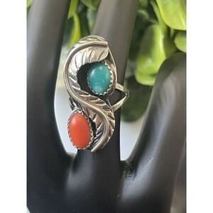 NAVAJO 925 Silver - Vintage Turquoise & Coral Floral Cocktail Ring Sz 6
